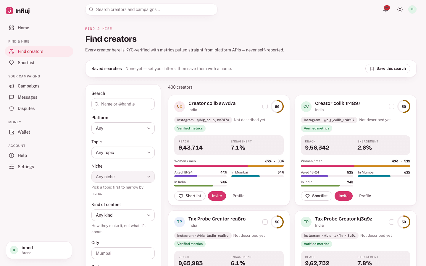 The Influj creator directory filtered by topic, language and audience data
