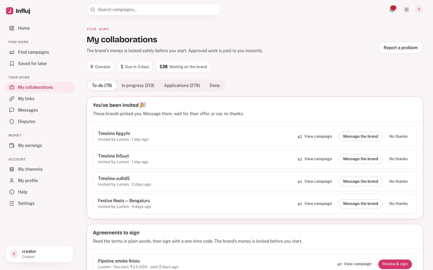 A creator's collaborations in Influj, showing what is funded and what is due